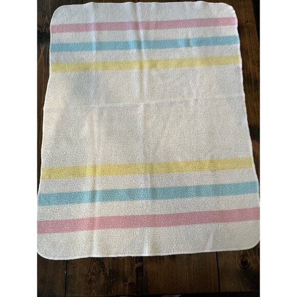 Vintage Esmond Baby Blanket 100% Acrylic Pink Blue Yellow Stripes 28” X 37” READ - Picture 6 of 6